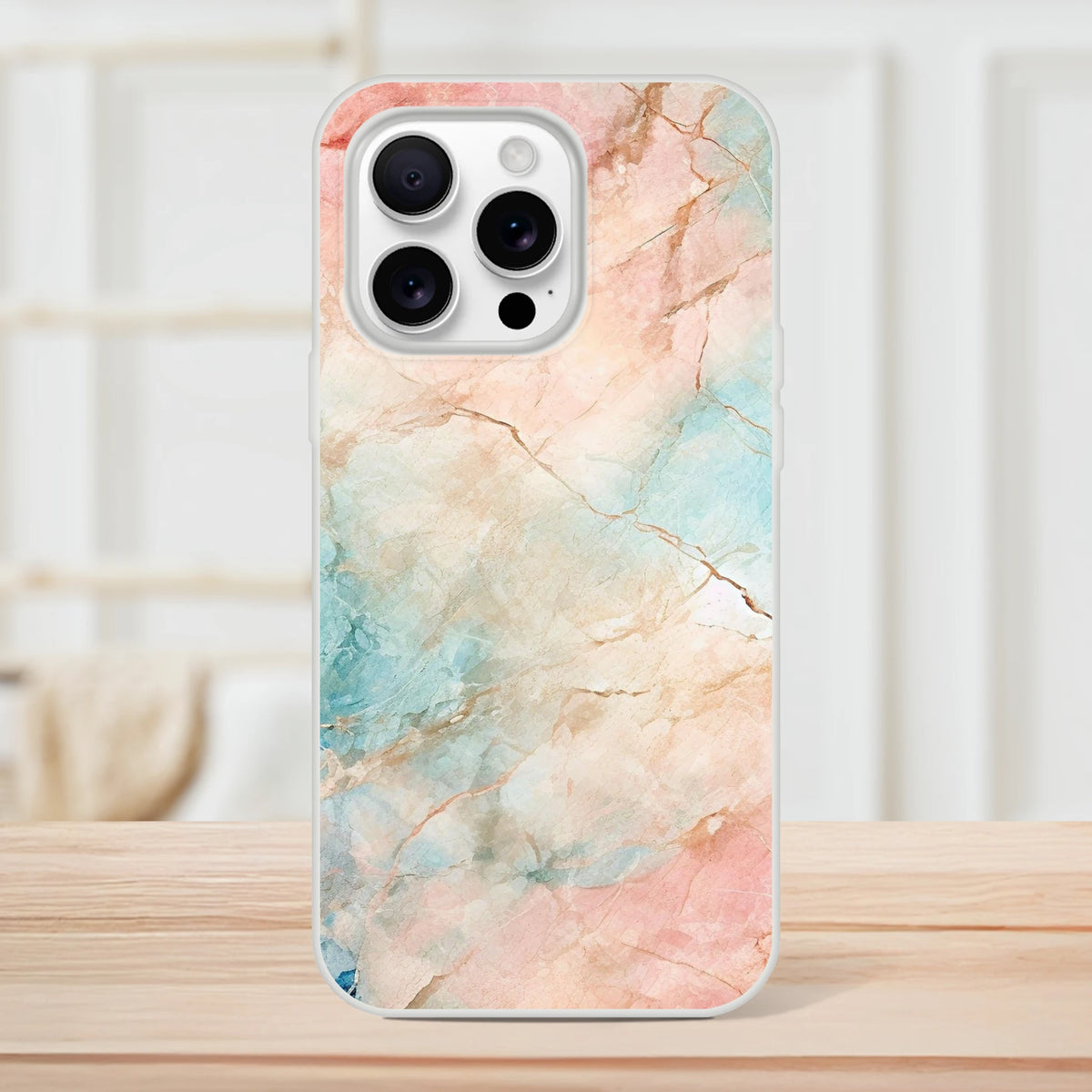 Pastel Marble iPhone Case (13-16) Peach & Aqua abstract design, gallery-ready look.