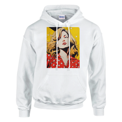 White pullover hoodie featuring a vintage pop art graphic of a blonde woman in a red polka dot top against a yellow background.