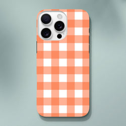 Retro orange gingham tough iPhone case with shock-absorbing checkered design for iPhone 13-16 models.