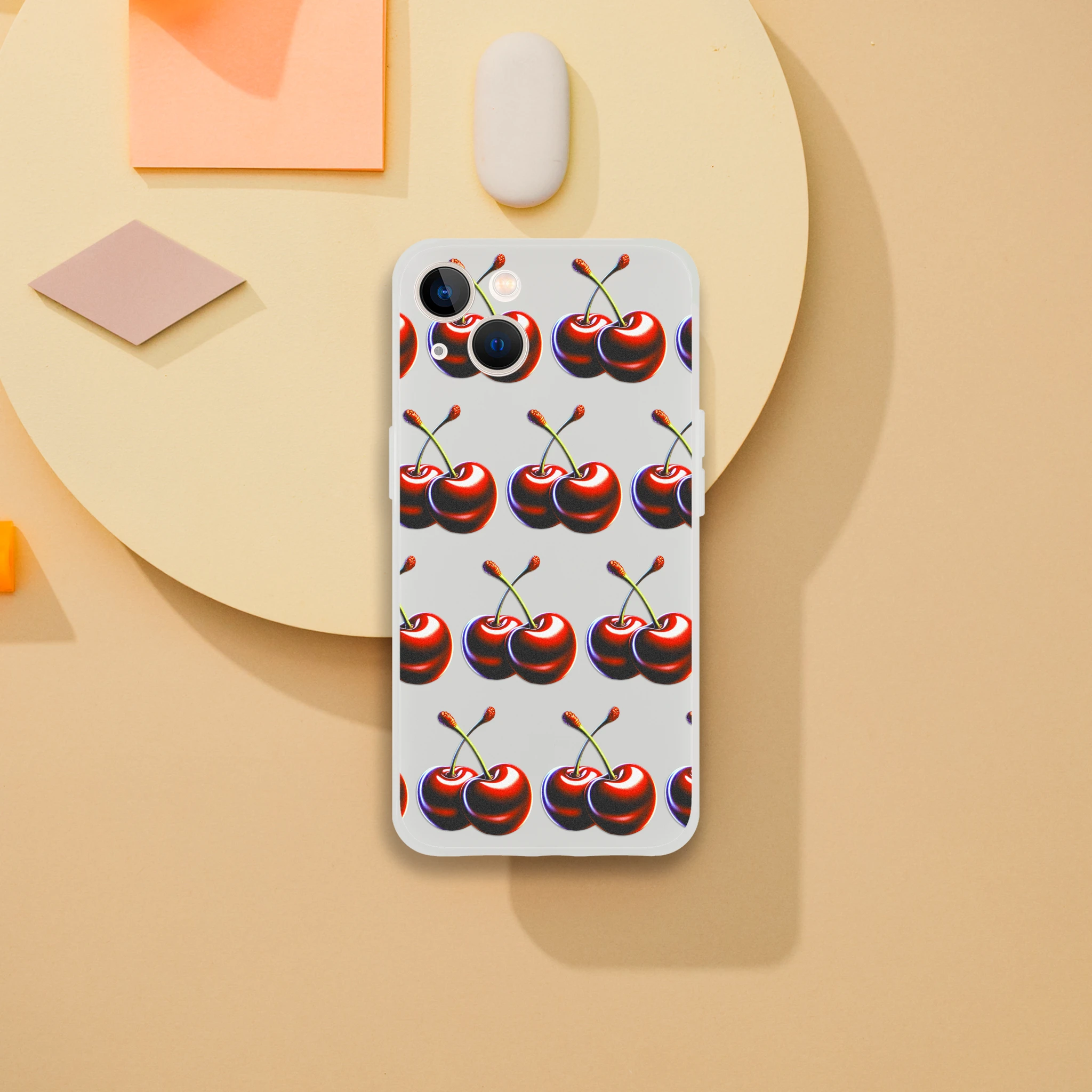Cherries pattern slim protective iPhone case for iPhone 13-16 with transparent background and glossy cherries