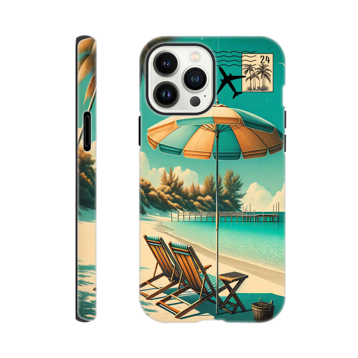 Vintage beach holiday iPhone case featuring retro deck chairs, striped umbrella, wooden pier, and travel stamp graphic on teal background.
