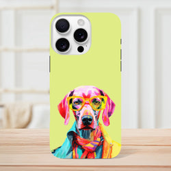 Vibrant pop art dog phone case featuring a stylish pup in yellow glasses and colorful coat on a lime green background.