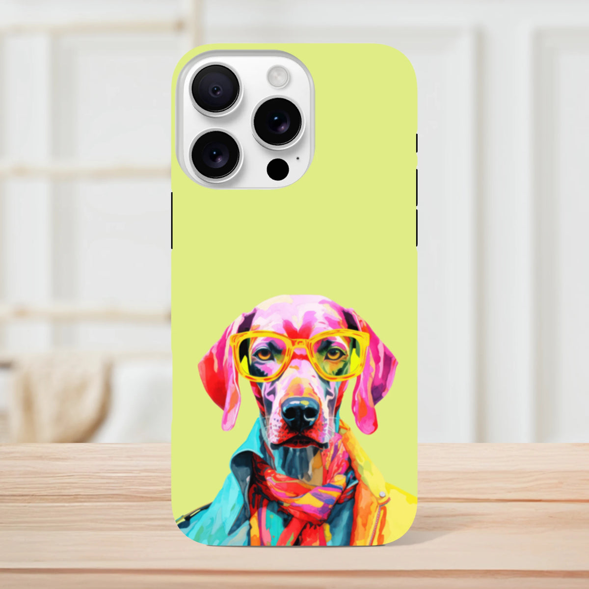 Vibrant pop art dog phone case featuring a stylish pup in yellow glasses and colorful coat on a lime green background.