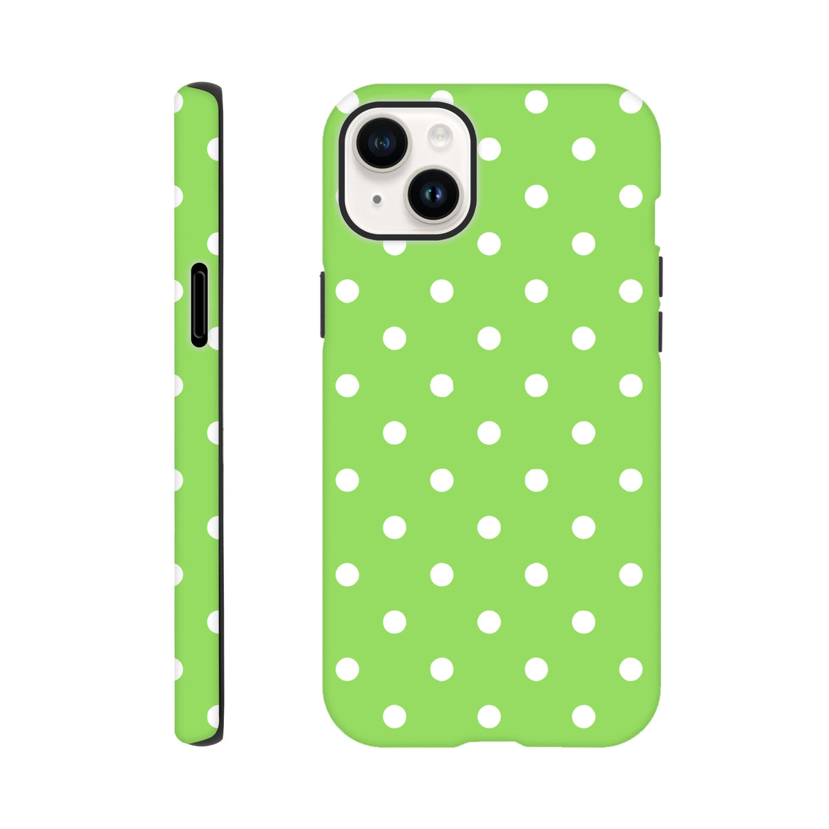 Green & white polka dot tough iPhone case featuring shock-absorbing TPU core and dual-layer drop protection for daily use.