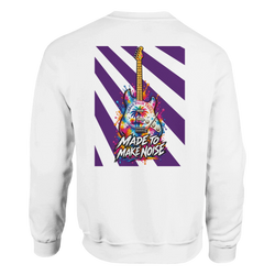 White sweatshirt back featuring colorful electric guitar graphic, purple stripes, and "Made to Make Noise" text.