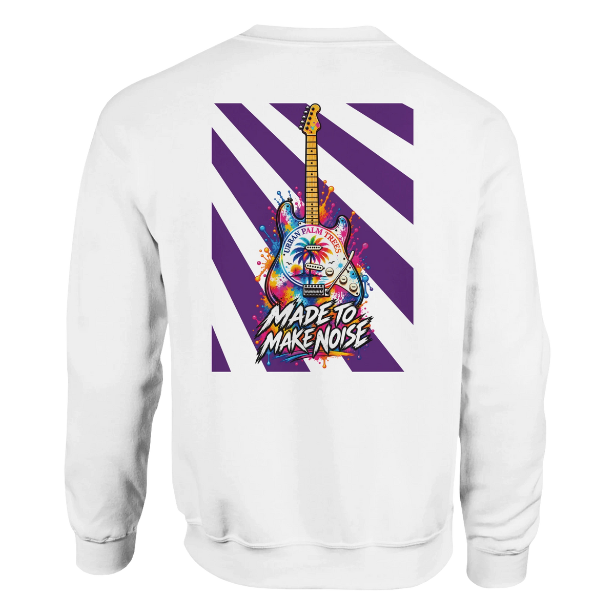 White sweatshirt back featuring colorful electric guitar graphic, purple stripes, and "Made to Make Noise" text.