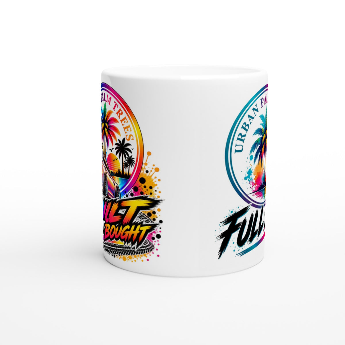 White ceramic mug featuring vibrant "Built Not Bought" car art with tropical palm trees and colorful splatter graphics for petrolheads.