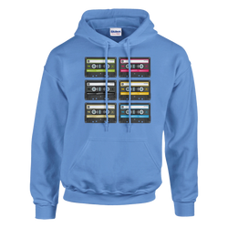 Retro Cassette Tape Hoodie for Men with colorful cassette grid graphic on a blue pullover.