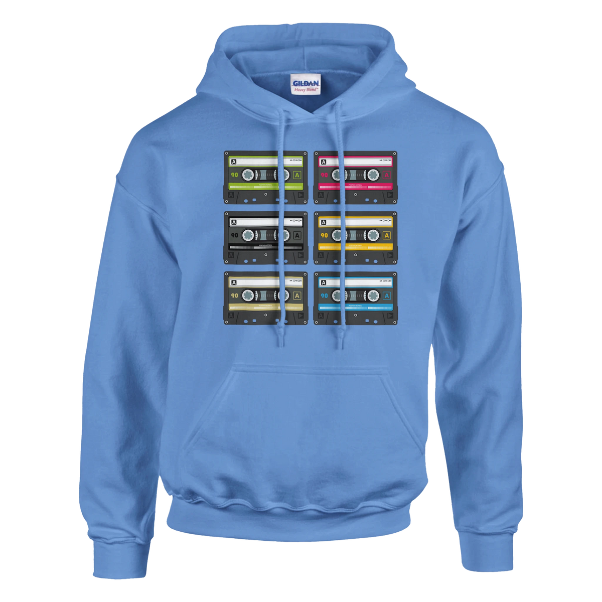 Retro Cassette Tape Hoodie for Men with colorful cassette grid graphic on a blue pullover.