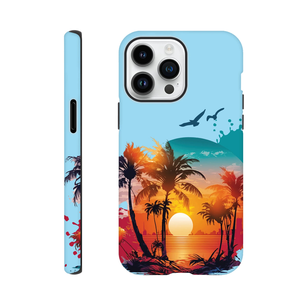 Tropical sunset palm tree tough iPhone case with vibrant beach scene, orange sun, and flying birds for drop resistance.