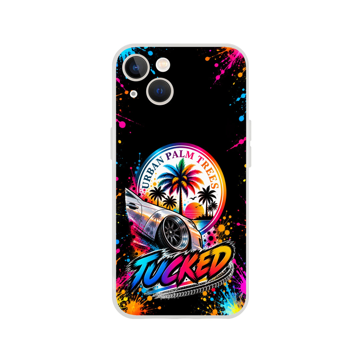 Tucked stance car culture iPhone case featuring a lowered silver car, Urban Palm Trees sunset graphic, and colorful paint splatter design.