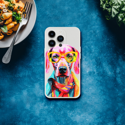 Colorful dog artwork on a transparent Gent Flexi Case slim protective cover for iPhone 13-16 with yellow glasses