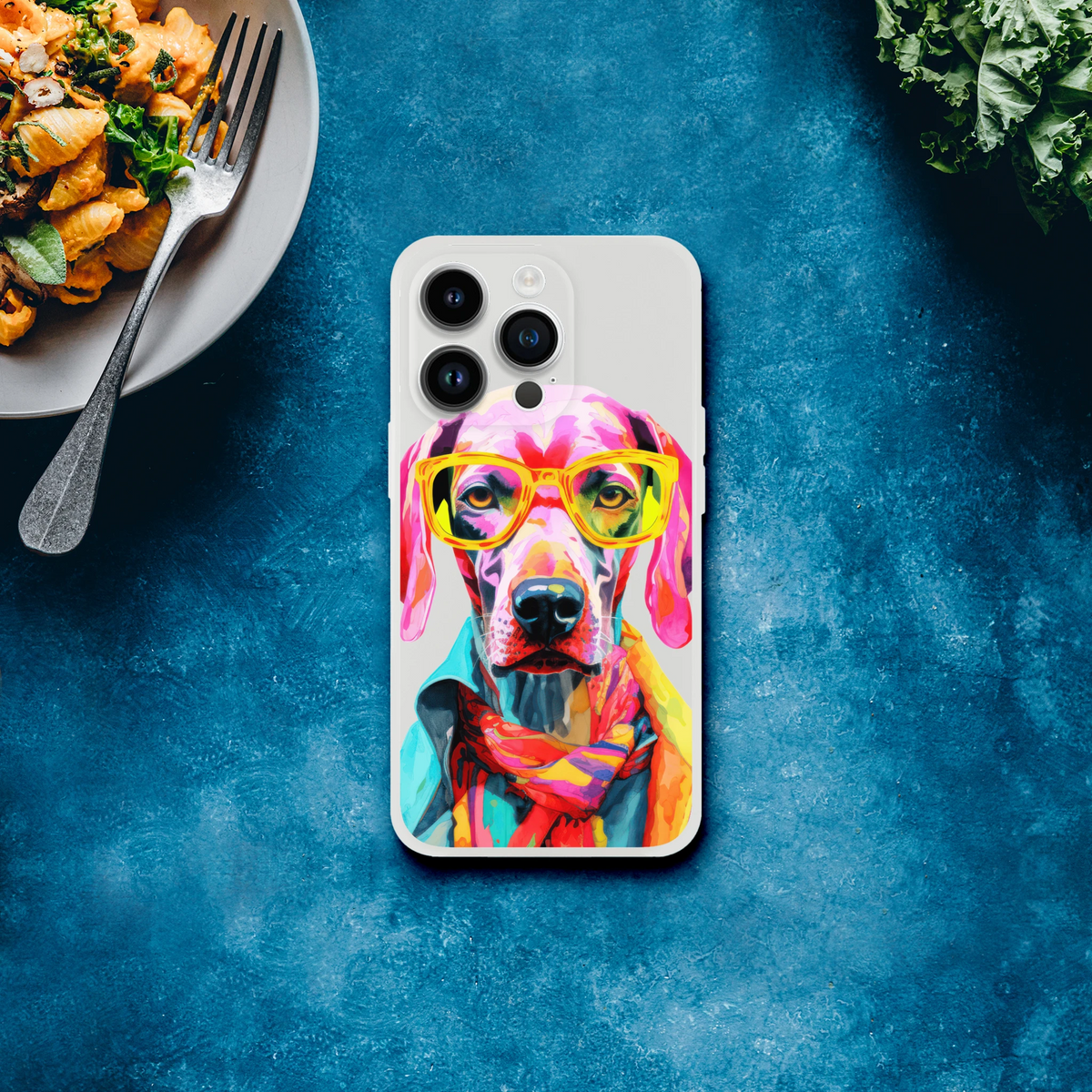 Colorful dog artwork on a transparent Gent Flexi Case slim protective cover for iPhone 13-16 with yellow glasses