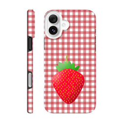 Red and white gingham iPhone case featuring a large cartoon strawberry design for drop protection.