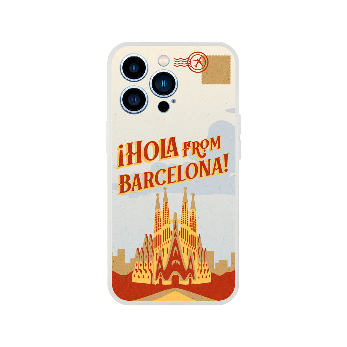 Vintage postcard iPhone case (13-16) with Barcelona design and 'Hola from Barcelona' travel vibe, flexible shell.