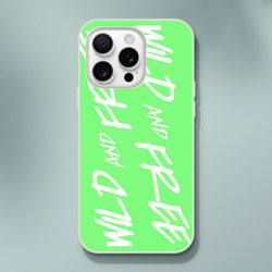 Neon green Cute Wild And Free iPhone Case for 13–16 with white scribble pattern around the triple-camera cutout.