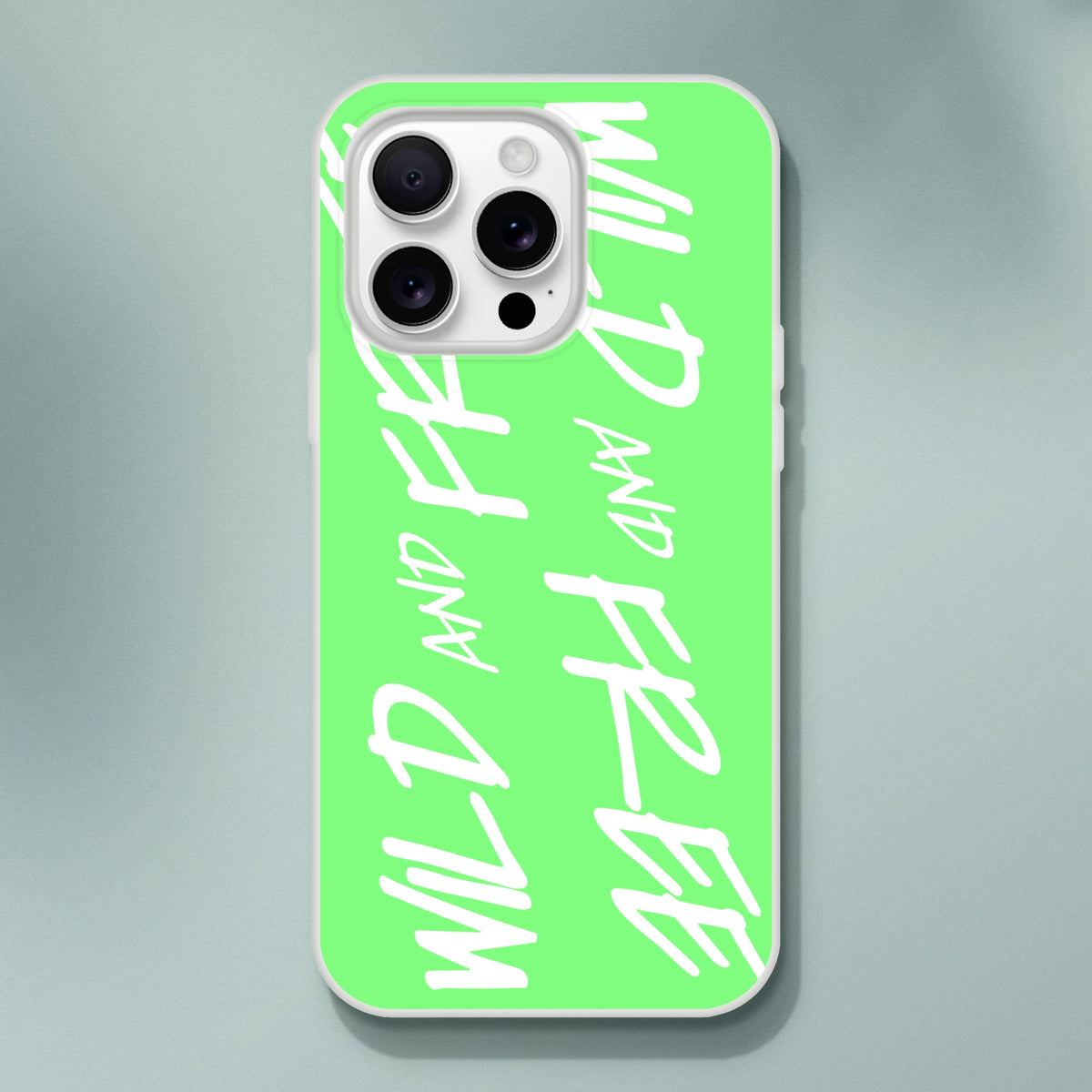 Neon green Cute Wild And Free iPhone Case for 13–16 with white scribble pattern around the triple-camera cutout.