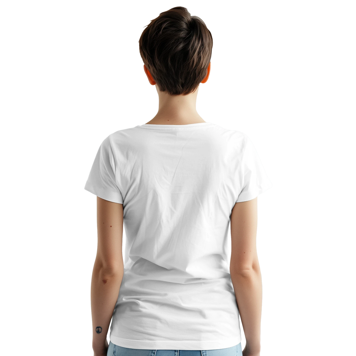 Back view of a person wearing a white T-shirt, short brown hair, casual fit.