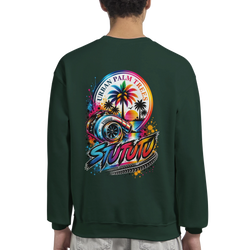 Back of dark green Turbo Car sweatshirt featuring a colorful petrolhead graphic with a turbocharger, palm trees, and sunset.