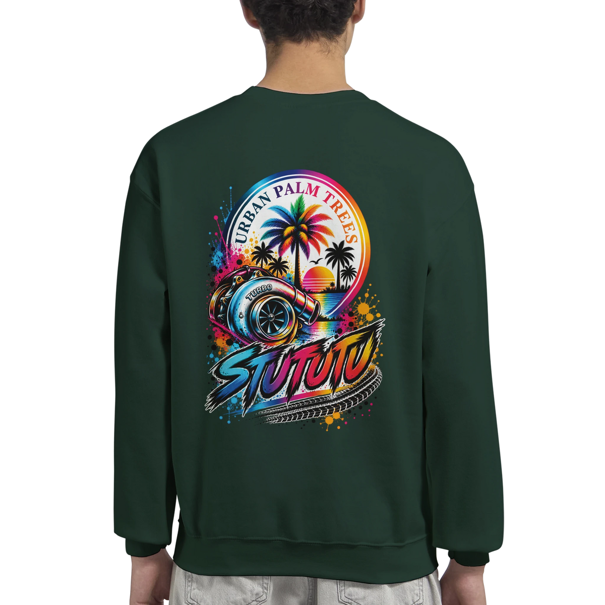 Back of dark green Turbo Car sweatshirt featuring a colorful petrolhead graphic with a turbocharger, palm trees, and sunset.