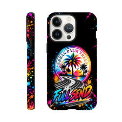 Full Send iPhone case with Urban Palm Trees sunset design, tire tracks, and colorful paint splatters wrapping around the back and sides.