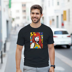 Man wearing black t-shirt featuring a colorful retro pop art girl print with red hair and bold geometric 70s streetwear design.