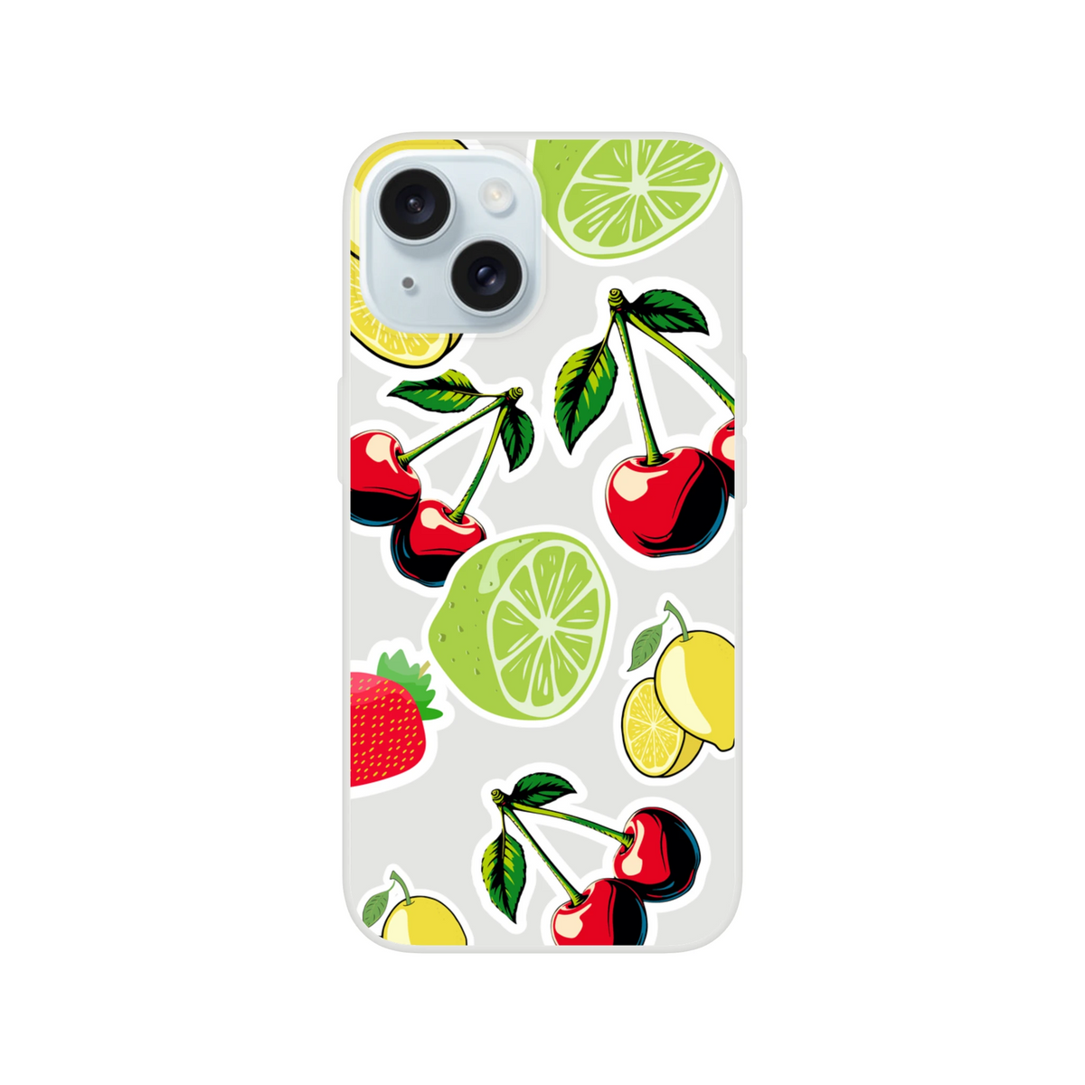 Transparent iPhone case featuring cherry, lime, lemon, and strawberry sticker illustrations with white outlines for a fresh, pop-art aesthetic.