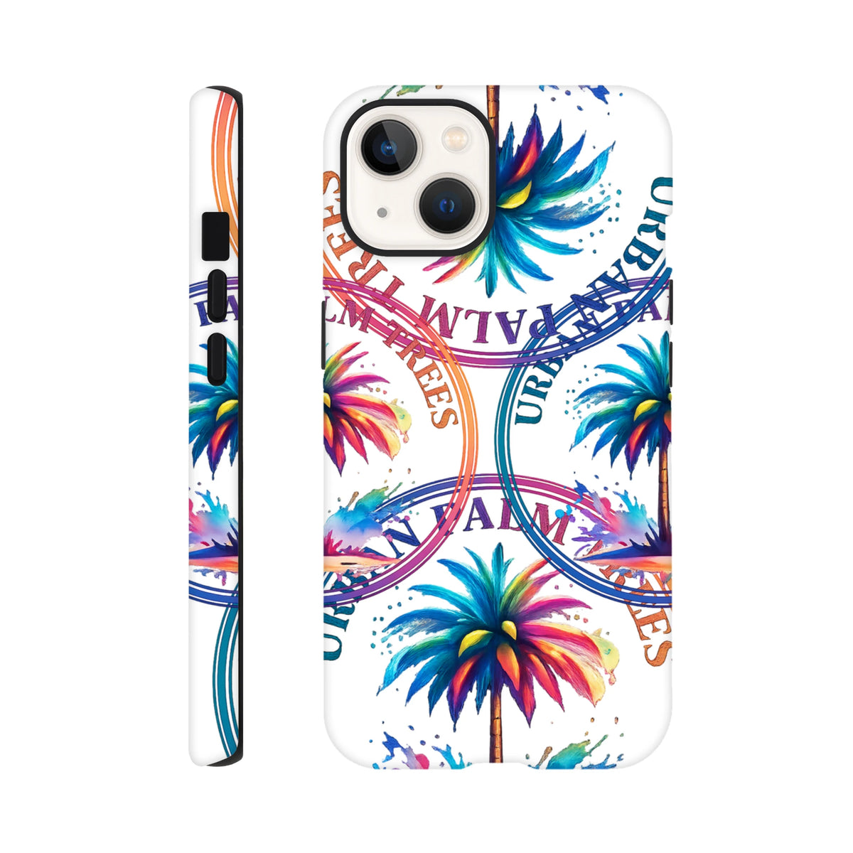 Vibrant wraparound iPhone case featuring colorful watercolor palm trees and bold circular typography for a tropical streetwear look.