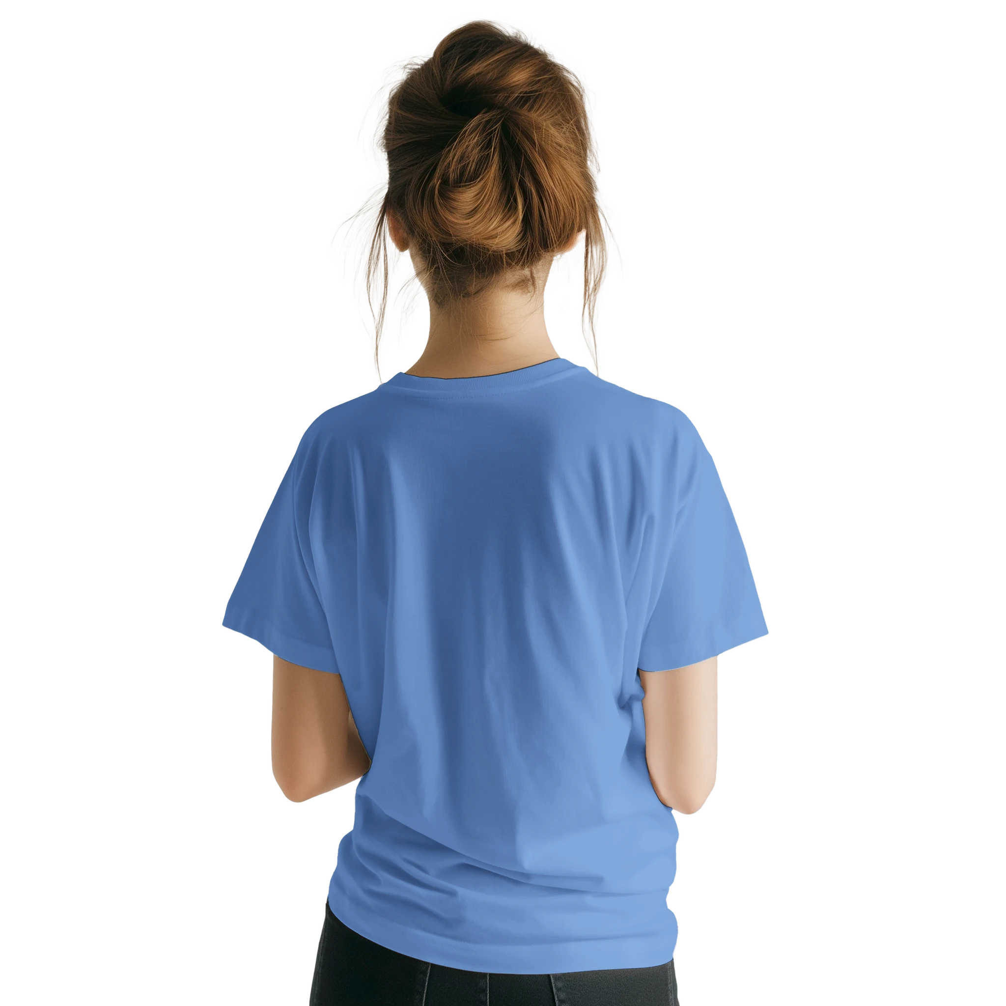 Back view of a woman wearing a blue Cute Rare Find T-Shirt Retro Slogan Top For Women.