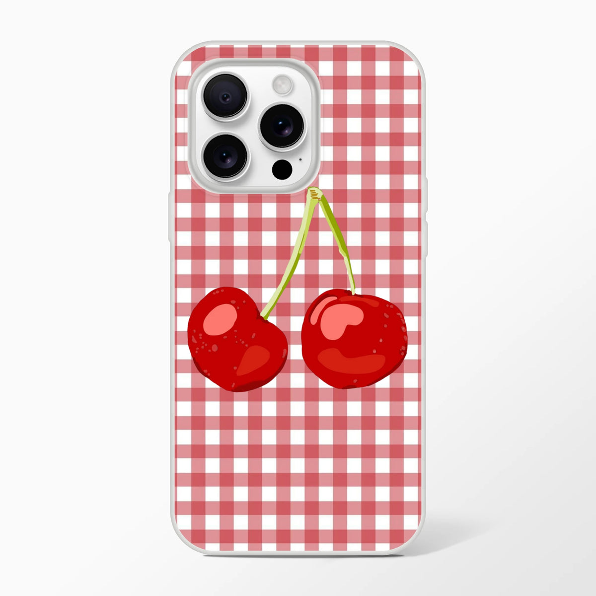 Cherry gingham iPhone case for iPhone 13–16 with bold coquette aesthetic and cherry motif.