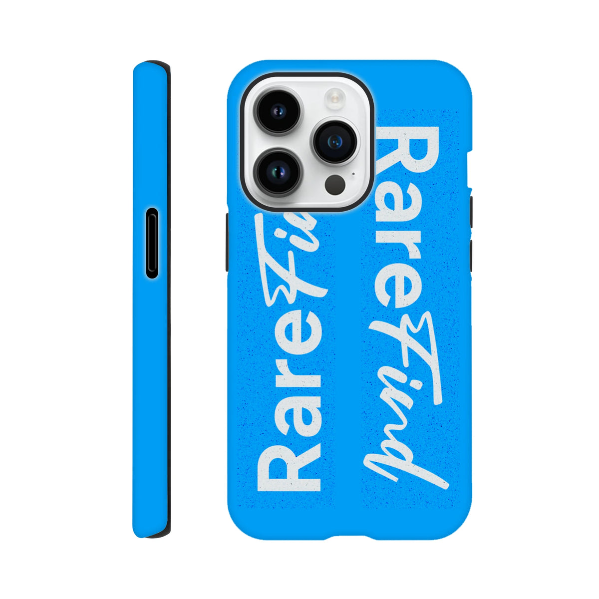 Blue tough iPhone case with white "Rare Find" slogan print, featuring a streetwear aesthetic for iPhone 13-16 models.