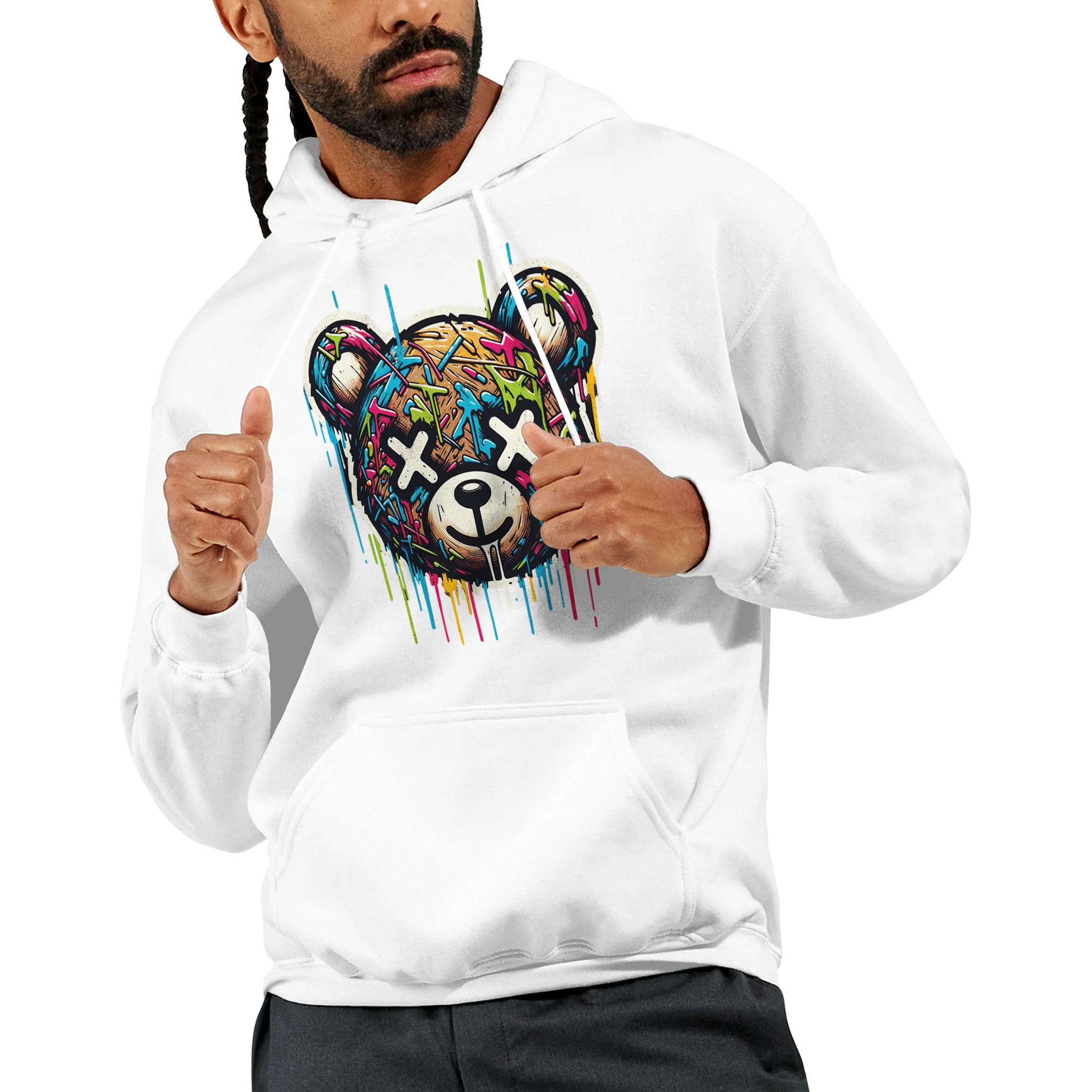 Man wearing white men's teddy bear hoodie with a colorful bear graphic on cotton blend fabric.