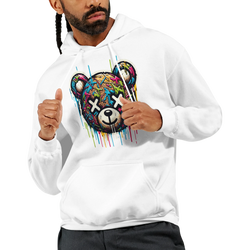 Man wearing white men's teddy bear hoodie with a colorful bear graphic on cotton blend fabric.