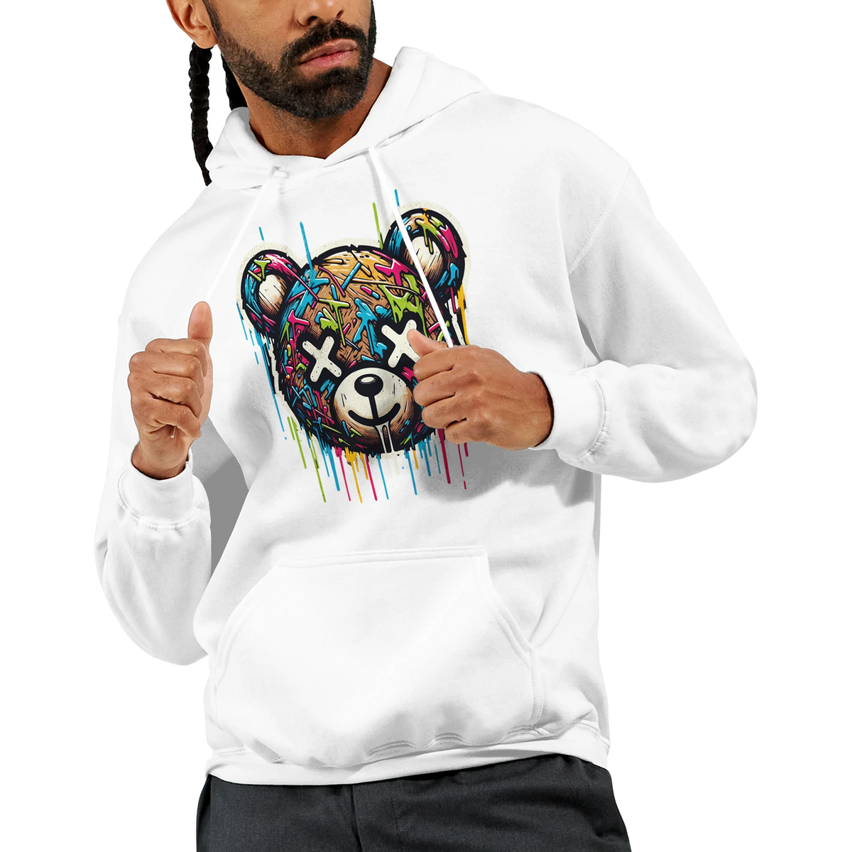 Man wearing white men's teddy bear hoodie with a colorful bear graphic on cotton blend fabric.