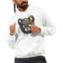 Man wearing white men's teddy bear hoodie with a colorful bear graphic on cotton blend fabric.
