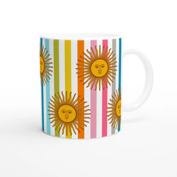 Retro Rainbow Sun Mug with vertical colorful stripes and sun motif for a cute boho coffee cup.