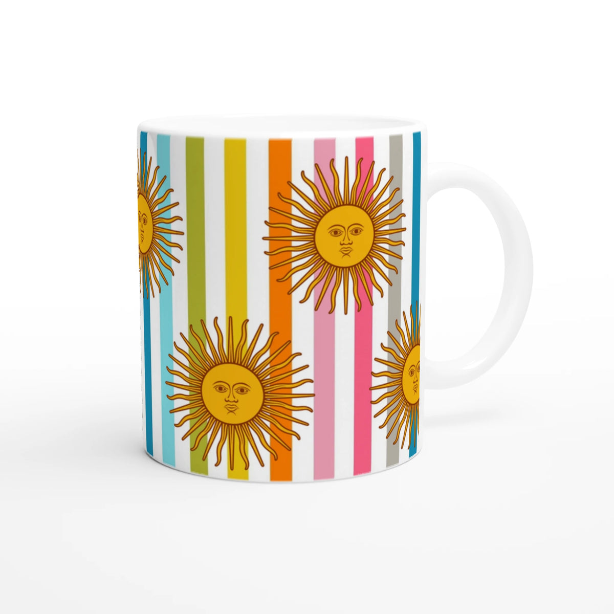 Retro Rainbow Sun Mug with vertical colorful stripes and sun motif for a cute boho coffee cup.