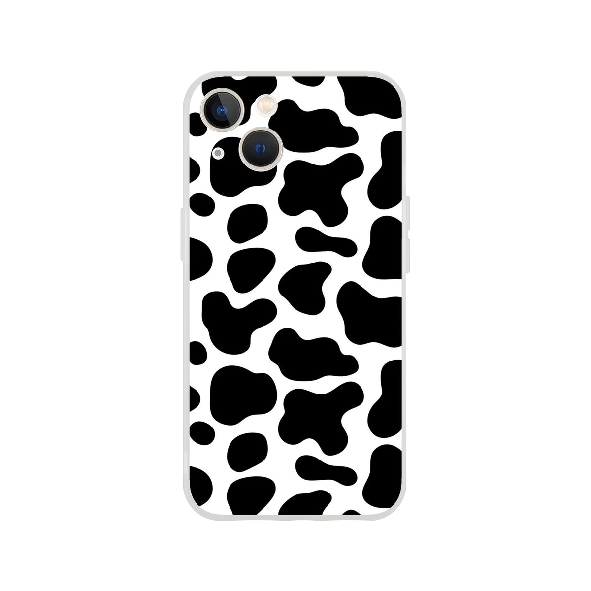 Black and white cow-print iPhone case for iPhone 13-16, bold Y2K animal-inspired design.