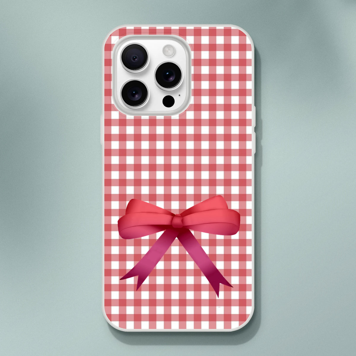 Red gingham bow iPhone case for iPhone 13-16, cute coquette aesthetic.