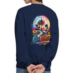 Navy blue Full Send petrolhead sweatshirt featuring a retro graphic of palm trees, a sunset, and tire tracks on the back.