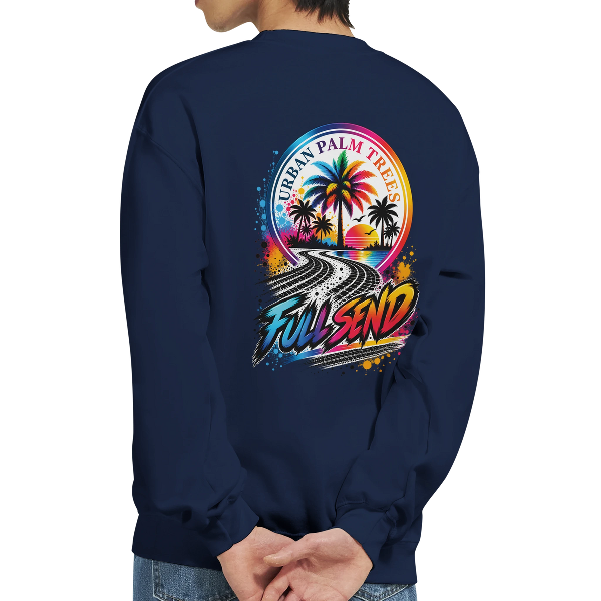 Navy blue Full Send petrolhead sweatshirt featuring a retro graphic of palm trees, a sunset, and tire tracks on the back.