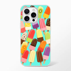 Retro summer popsicle iPhone case featuring colorful ice lolly pattern on turquoise background with shock-absorbing TPU protection.