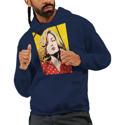 Navy men's hoodie featuring a vintage pop art graphic of a blonde woman in a red polka dot dress against a yellow background.