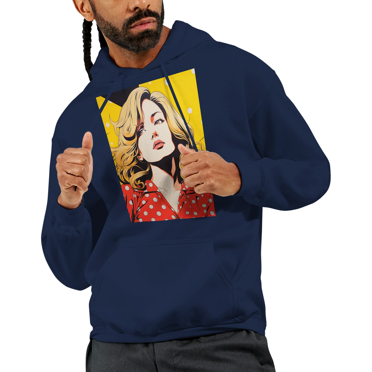 Navy men's hoodie featuring a vintage pop art graphic of a blonde woman in a red polka dot dress against a yellow background.