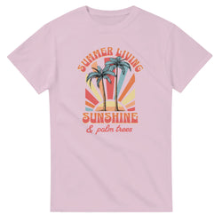 Pink Palm Trees women's graphic T-shirt, soft cotton-blend with palm trees and sunburst design.