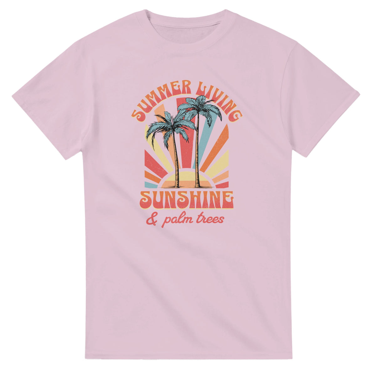 Pink Palm Trees women's graphic T-shirt, soft cotton-blend with palm trees and sunburst design.