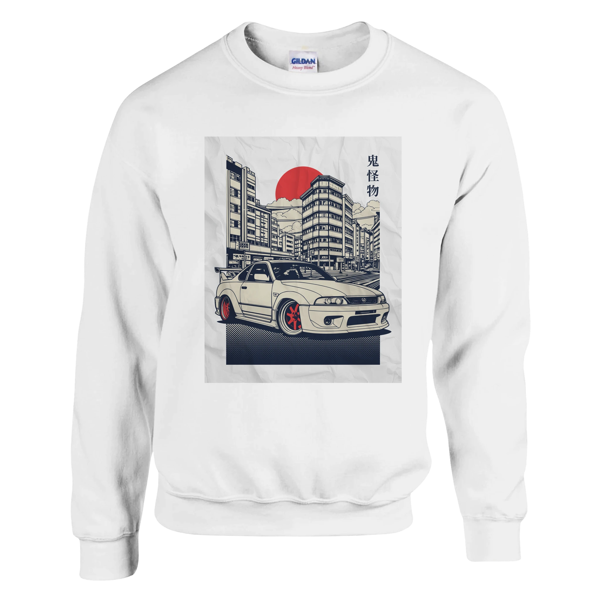 White sweatshirt featuring a JDM car in an urban cityscape with a red sun and Japanese kanji.