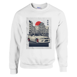 White sweatshirt featuring a JDM car in an urban cityscape with a red sun and Japanese kanji.