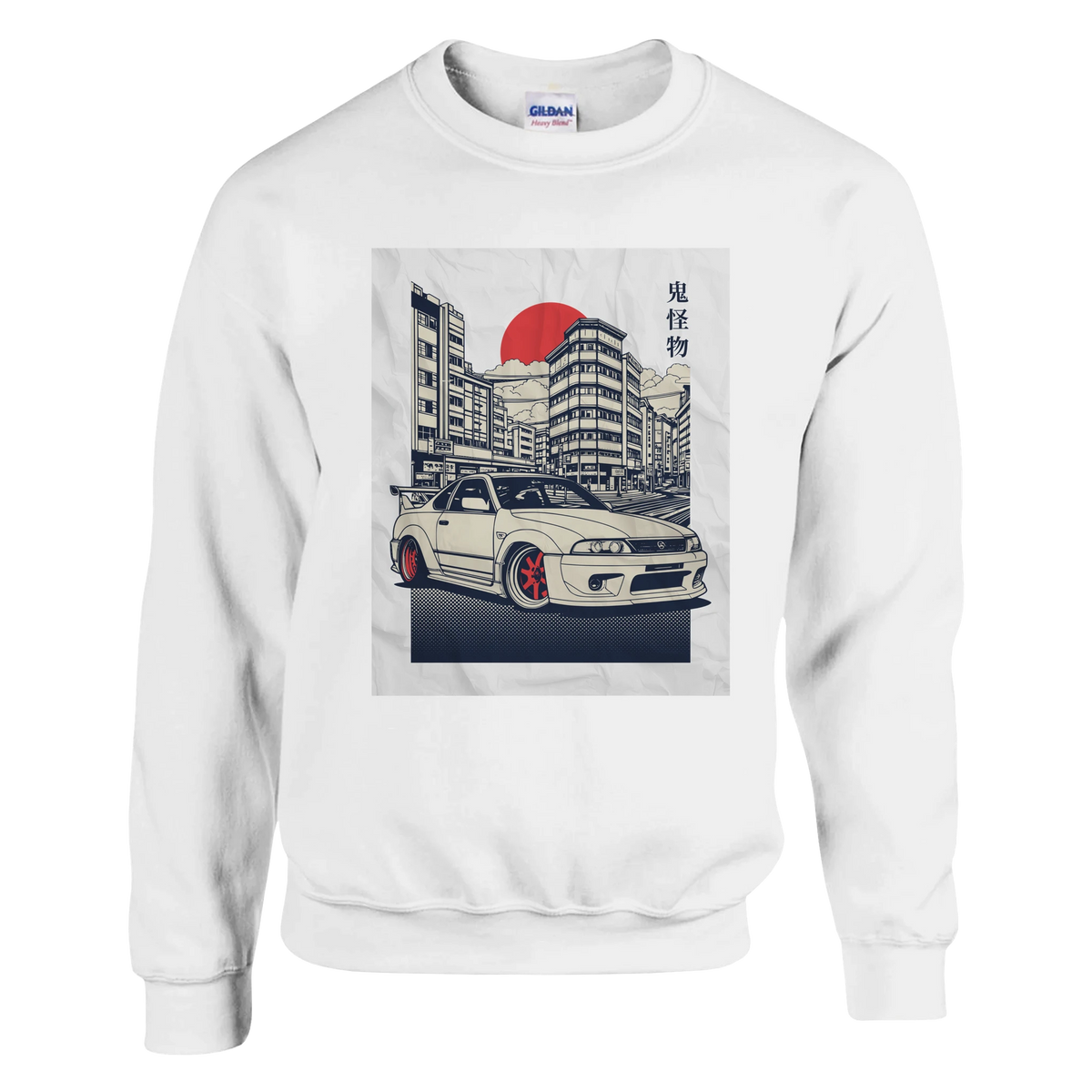 White sweatshirt featuring a JDM car in an urban cityscape with a red sun and Japanese kanji.
