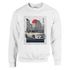 White sweatshirt featuring a JDM car in an urban cityscape with a red sun and Japanese kanji.